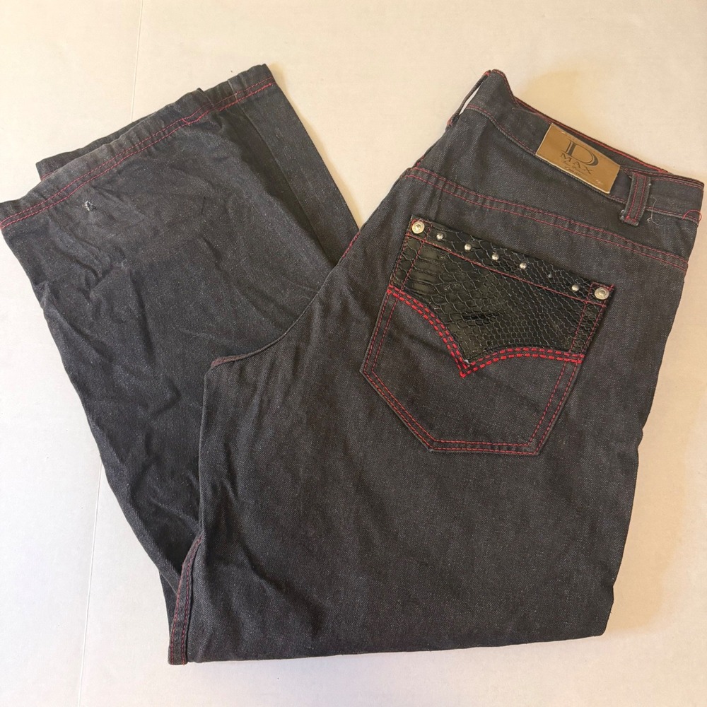 D-Max Mens Baggy Jeans Black Faux Snakeskin Studded 40x32 Y2K